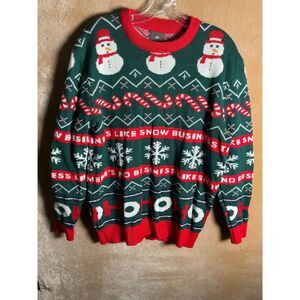 H&M Ugly Christmas Sweater Snowman Candy Cane‎ Ho Ho Ho Green Red L